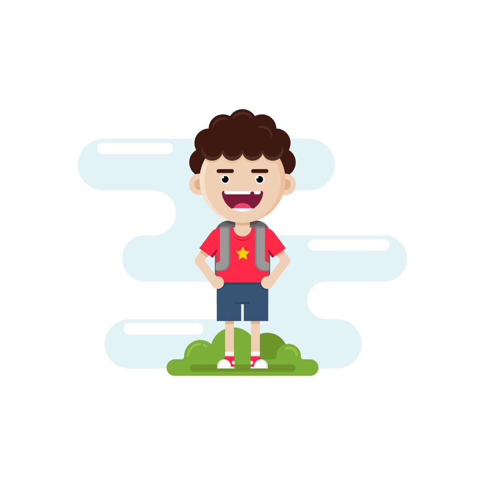 ilustración vectorial, lindo personaje de niño de pelo rizado que lleva una mochila escolar. vector