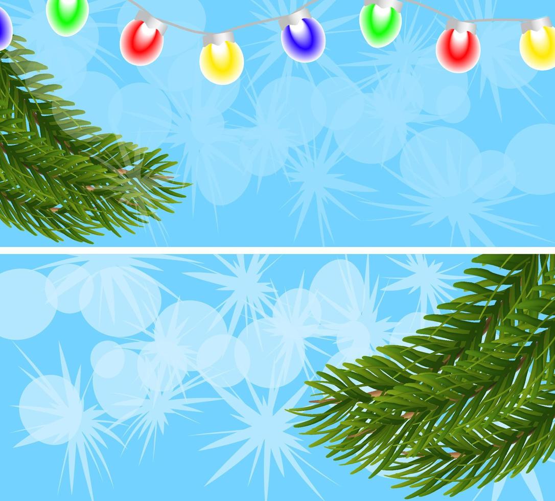 Two white and blue banners with snowflakes, fir branches and a garland. Concept of christmas and new year. Vector image