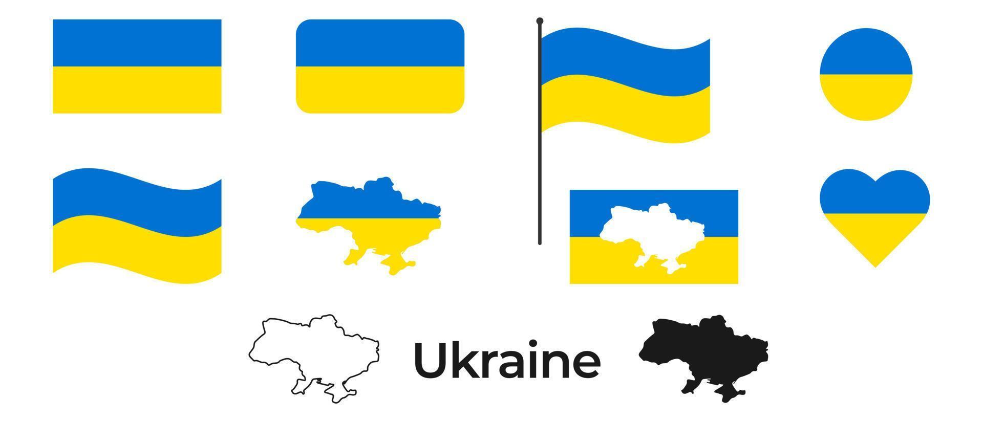 bandera de ucrania. silueta de ucrania. símbolo nacional. cuadrado, redondo y en forma de corazón. el símbolo de la bandera ucraniana. vector