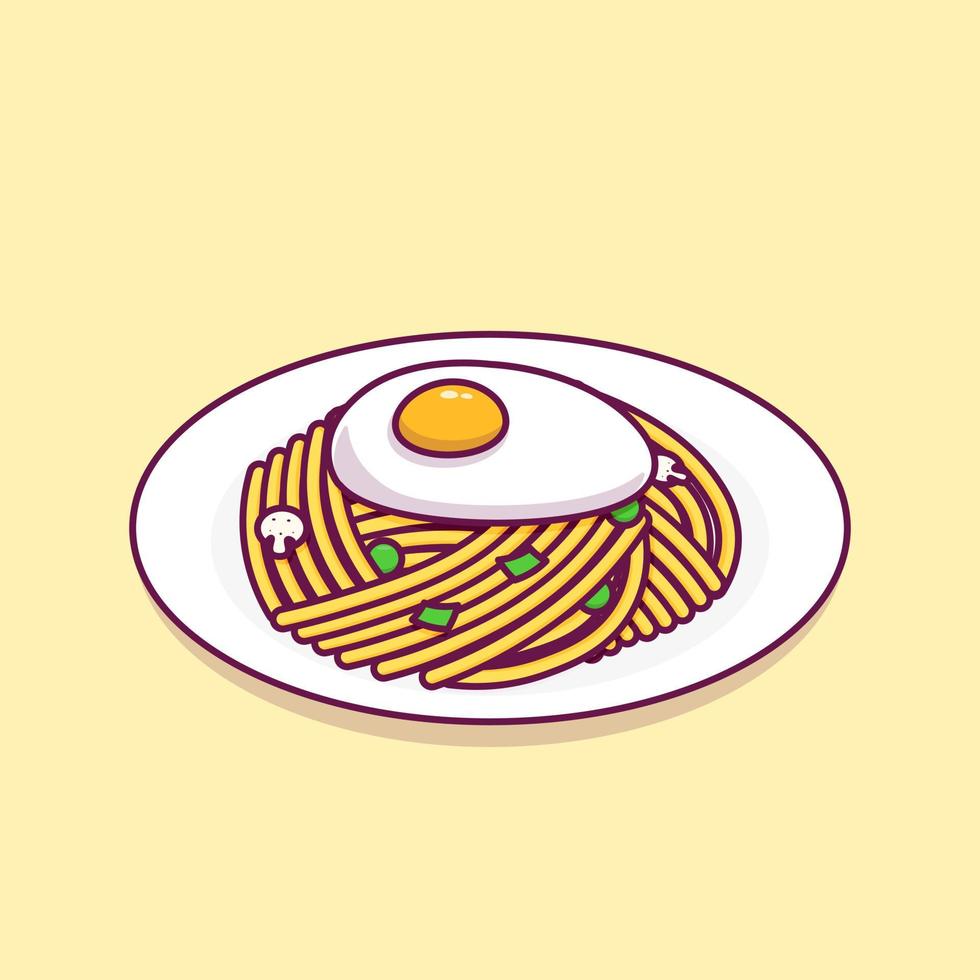 espaguetis con huevo en vector de dibujos animados de placa
