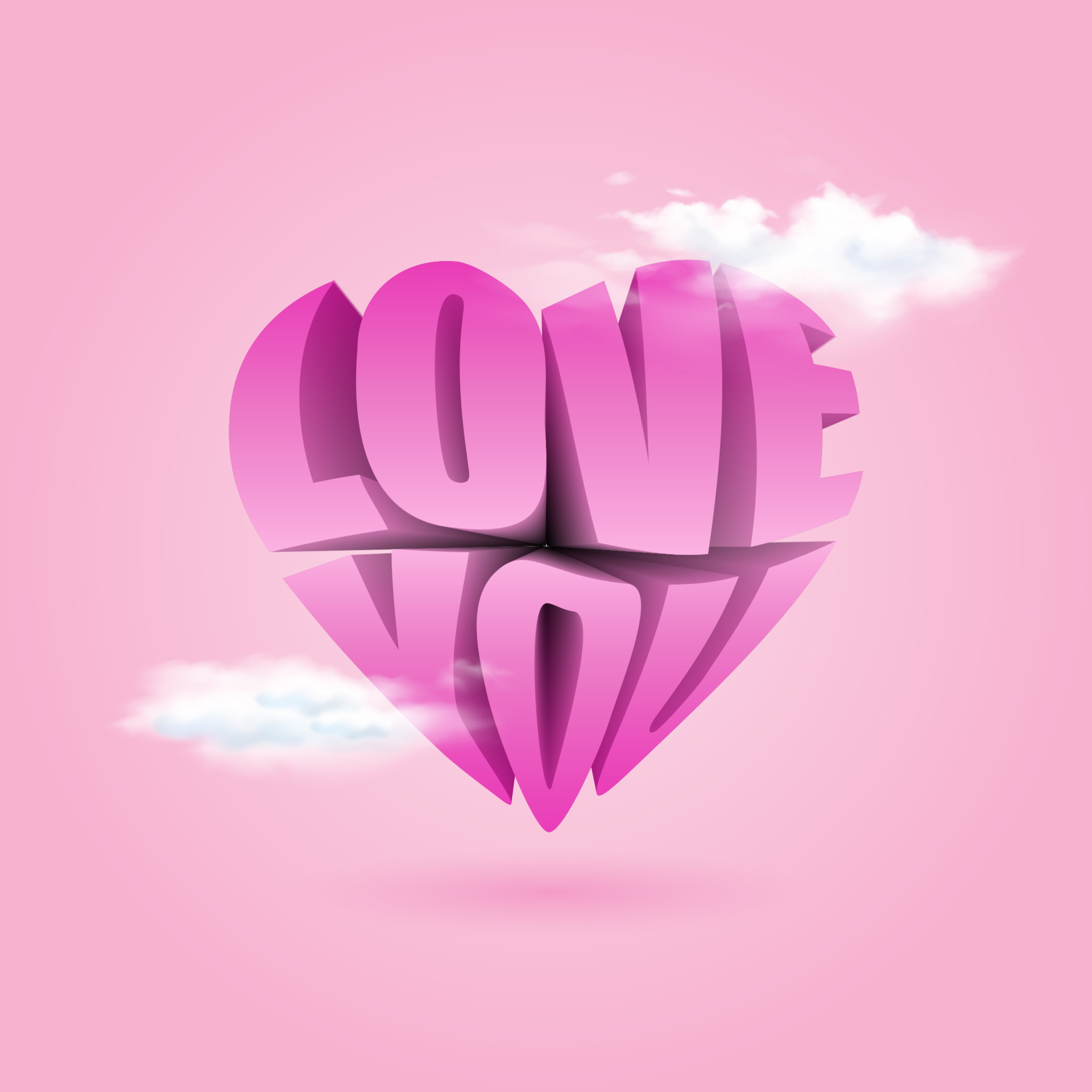 text Love You. 3d style realistic pink letters with heart shape and