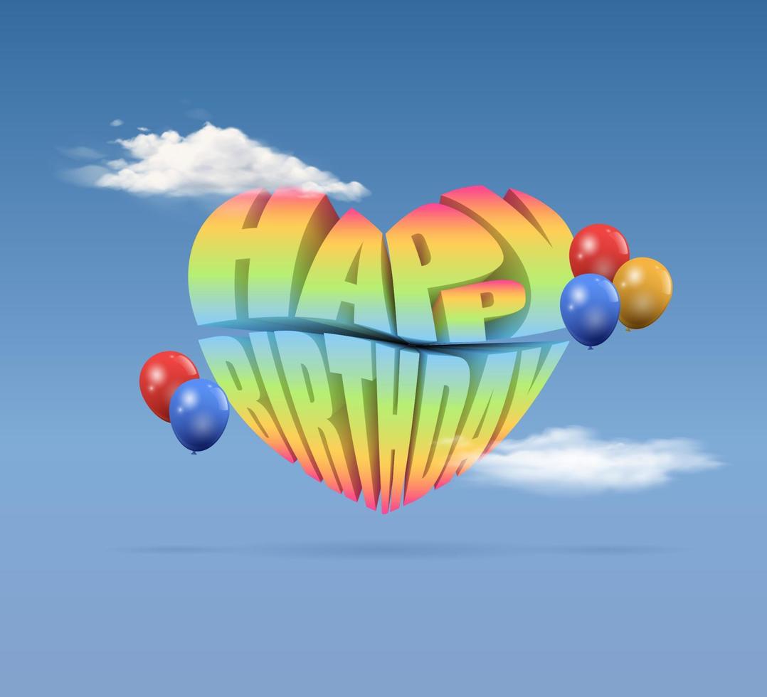 Happy Birthday vector 3d colorful text design with love shape. balloon and cloud decoration. floating illustration