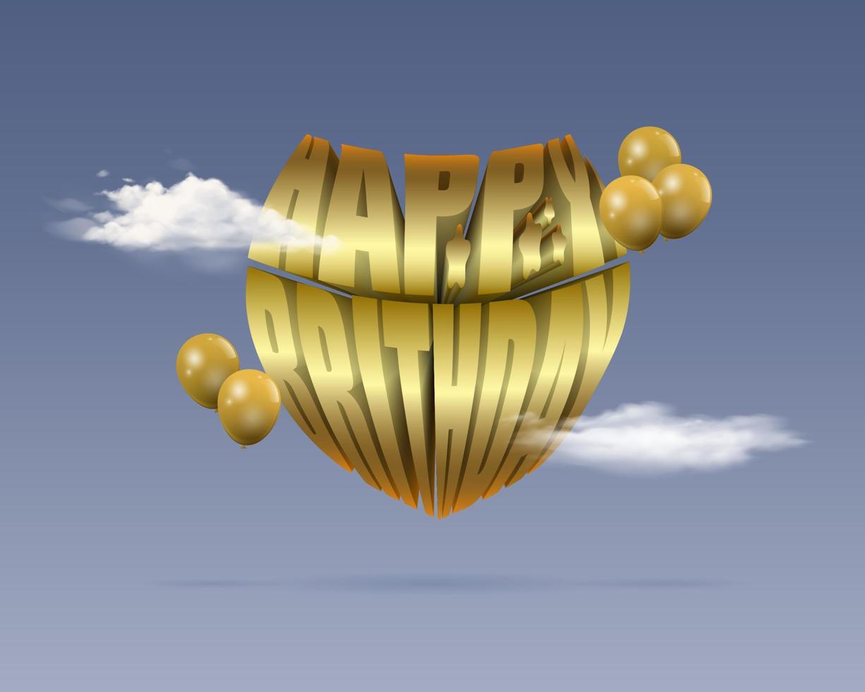 feliz cumpleaños. Vector de diseño de texto dorado 3d con forma de placa. decoración de globos y nubes. ilustración flotante