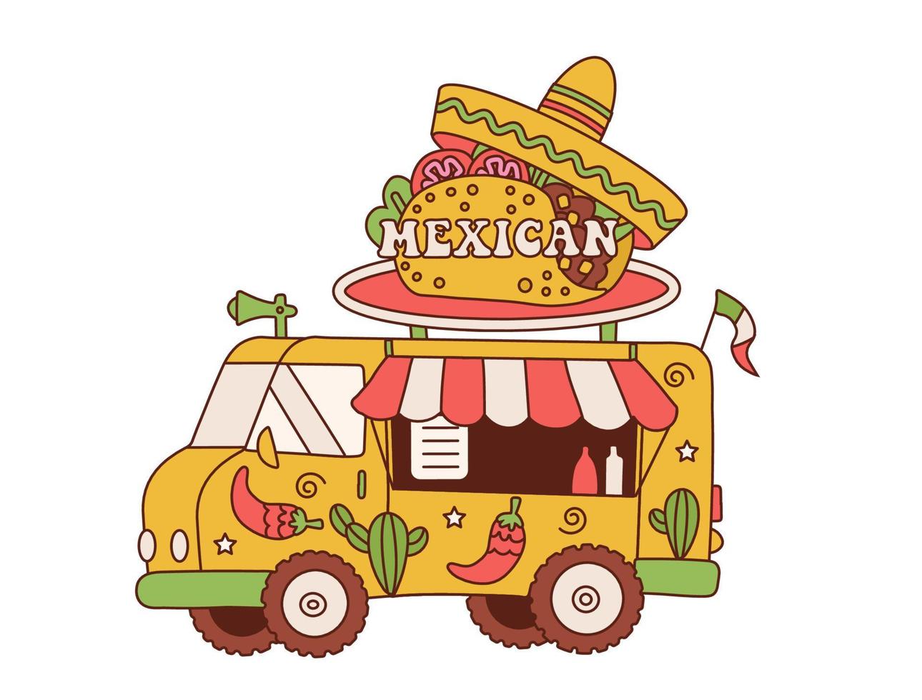 Retro Delicious Commercial Food Truck Vehicle with Mexican cuisine. Vehicle with Mexican hat and taco on the roof. Market in street vector illustration in retro cartoon style.