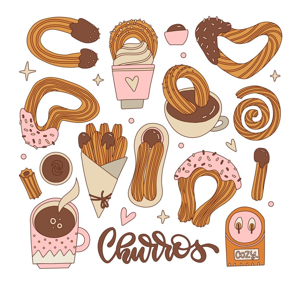 Set of differetn shapes churros with chocolate sauce. Mexican snack. Hand drawn vintage contour vector illustration. Churros sticks in paper bag, bowl with hot chocolate.