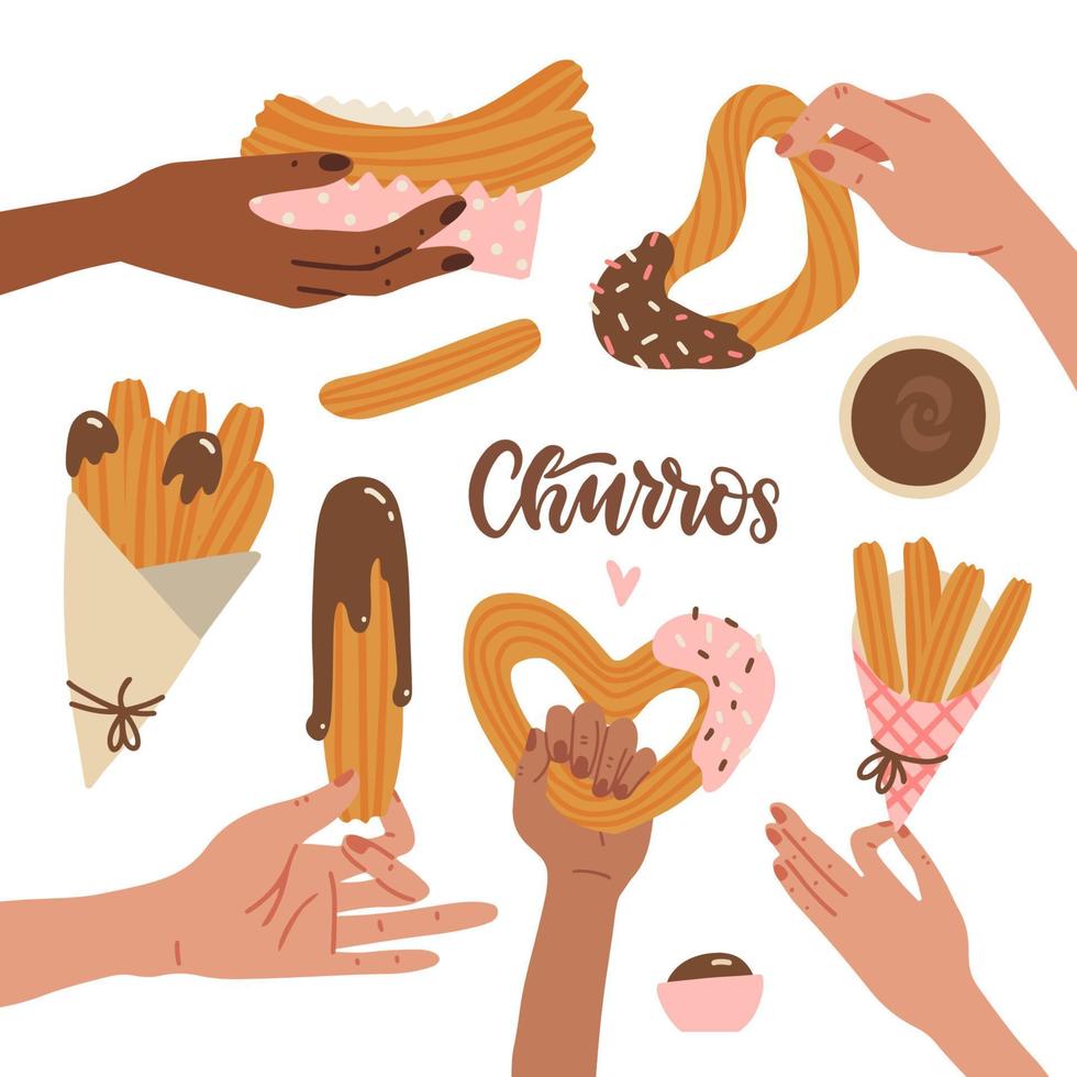 juego de manos femeninas sosteniendo churros con salsa de chocolate. merienda mexicana. ilustración vectorial plana dibujada a mano. palitos de churro en bolsa de papel, cuenco con chocolate caliente. vector