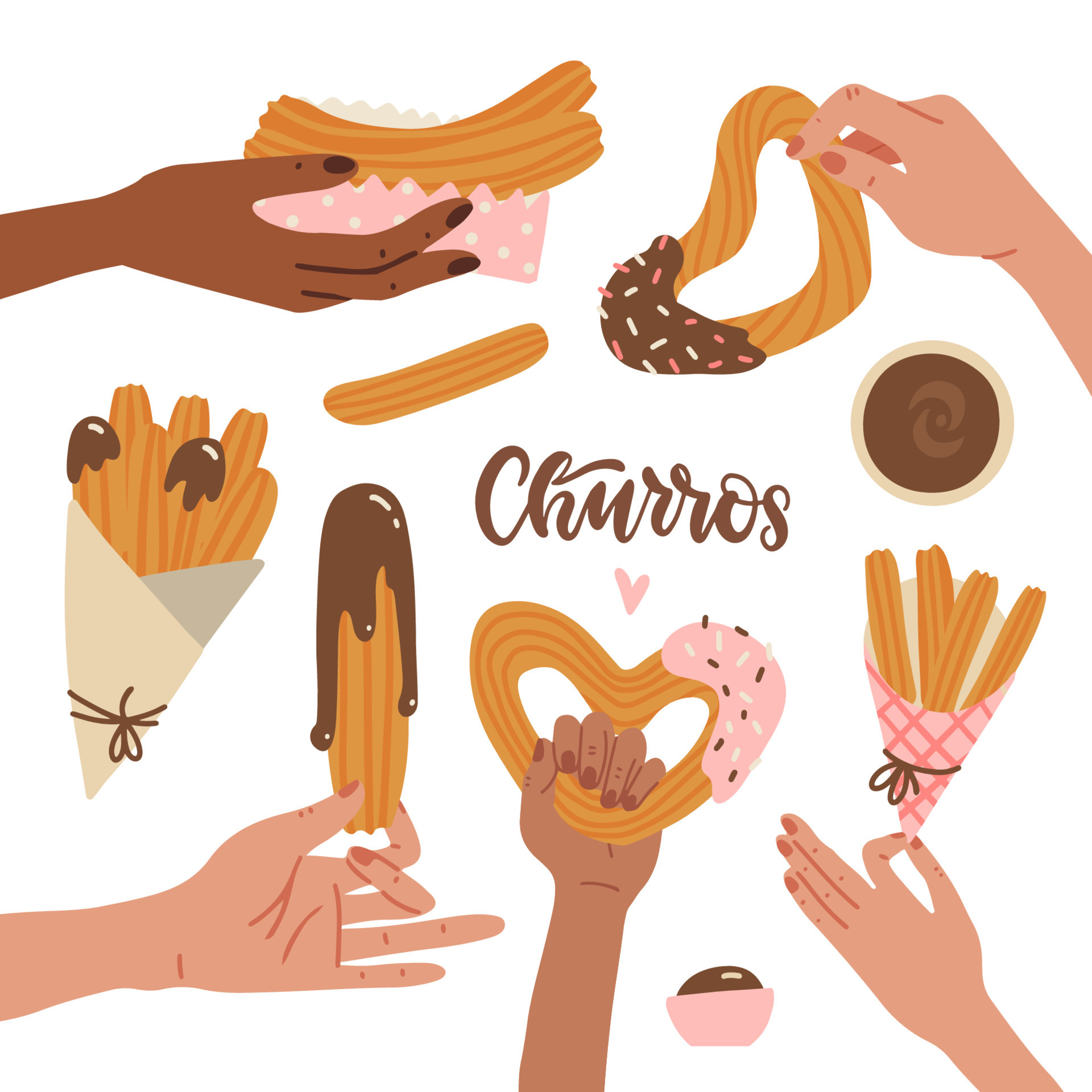 Set Of Female Hands Holding Churros With Chocolate Sauce Mexican Snack set-of-female-hands-holding-churros-with-chocolate-sauce-mexican-snack