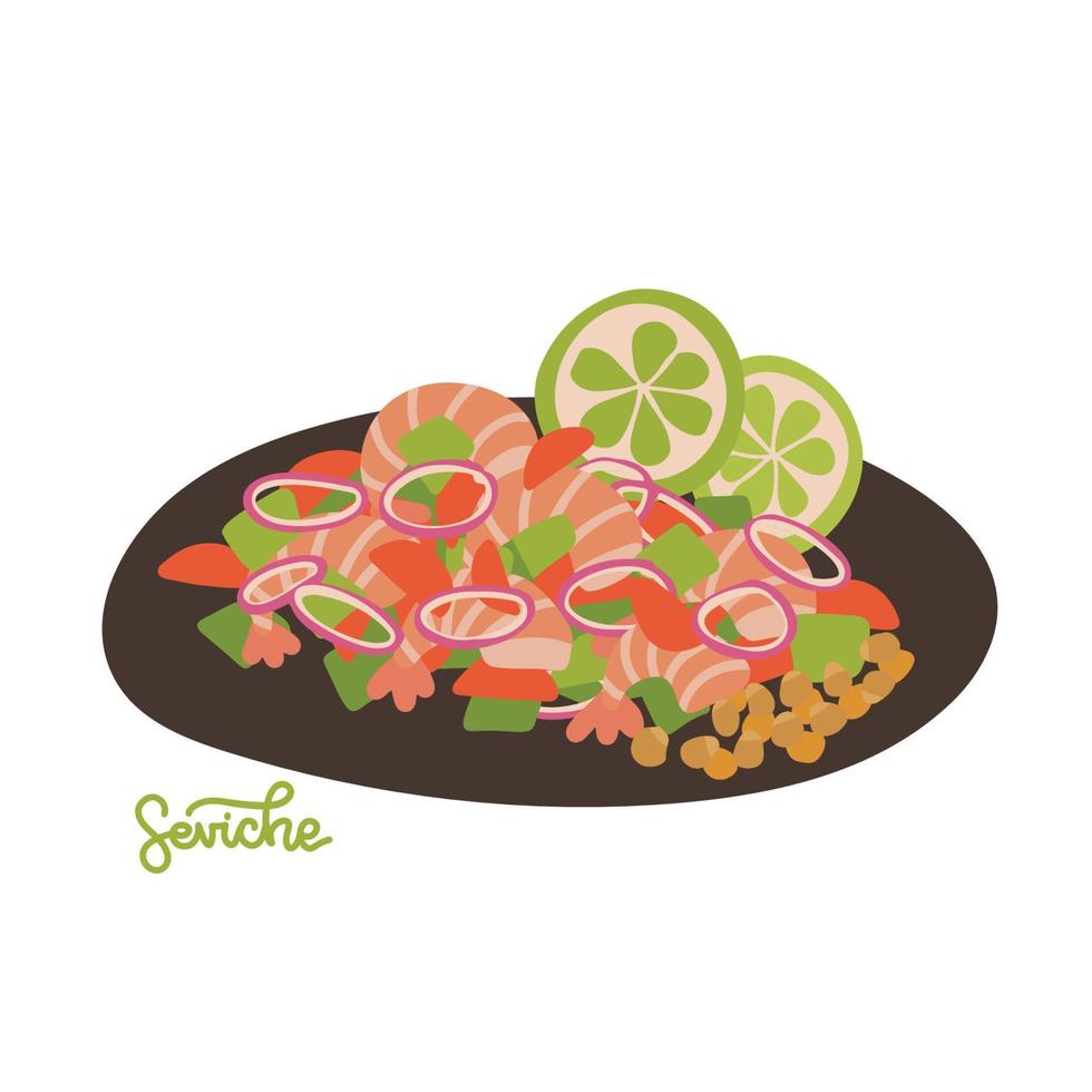 Peru ceviche. Latin American Cuisine. Seviche salad. Seafood with avocado and onions. Vector flat hand drawn illustration.