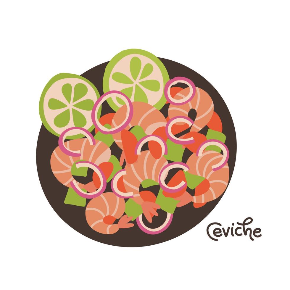 concepto aislado de ceviche de ensalada de mariscos. Ensalada de camarones, aguacate, tomate y cebolla de la cocina latinoamericana. cocina nacional del peru. ilustración de dibujado a mano plana de vector de comida