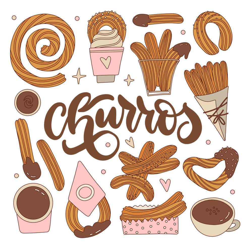 Set of different churros with chocolate sauce cups. Mexican sweet snack collection. Hand drawn contourvector illustration. Churro sticks in paper bag, bowl with hot chocolate. Retro design. vector