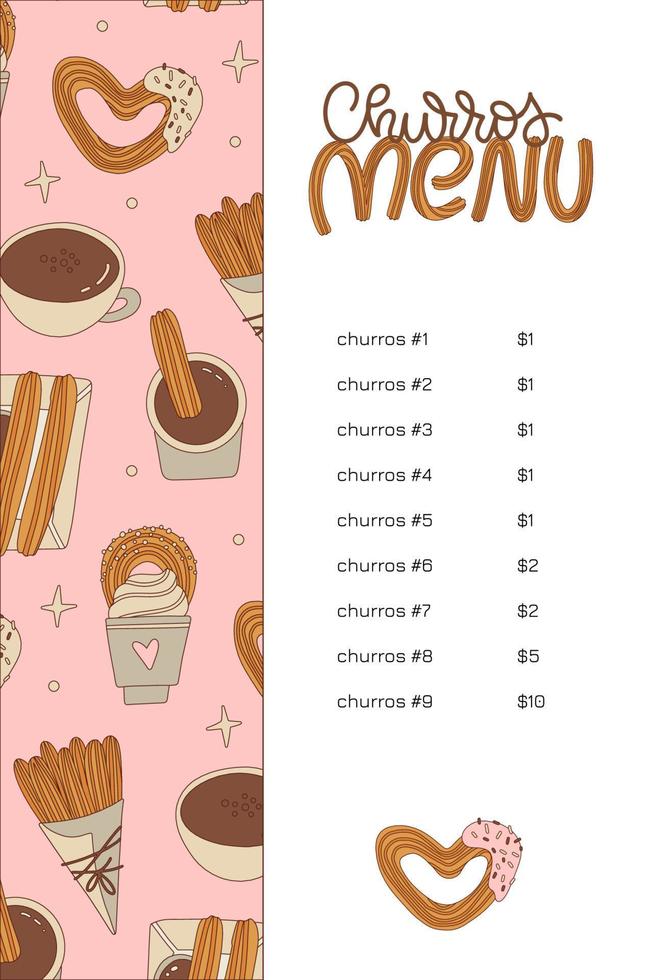 Cute chorrus menu template with various Latin American traditional bakery and pastry. Vector hand drawn cartoon or sketch style illustration.