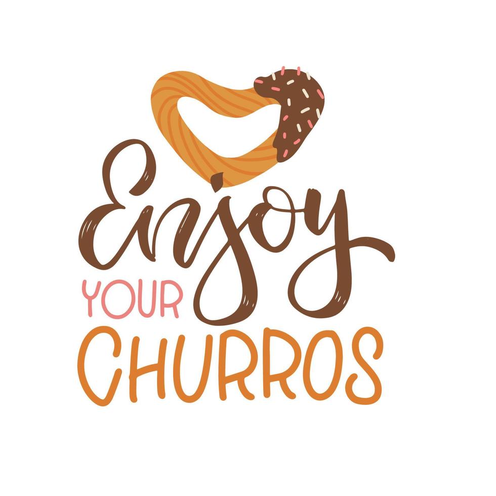 disfrute de sus churros - cita de letras dibujadas a mano con postre español en forma de corazón sobre un fondo blanco. Ilustración de tipografía plana vectorial. vector