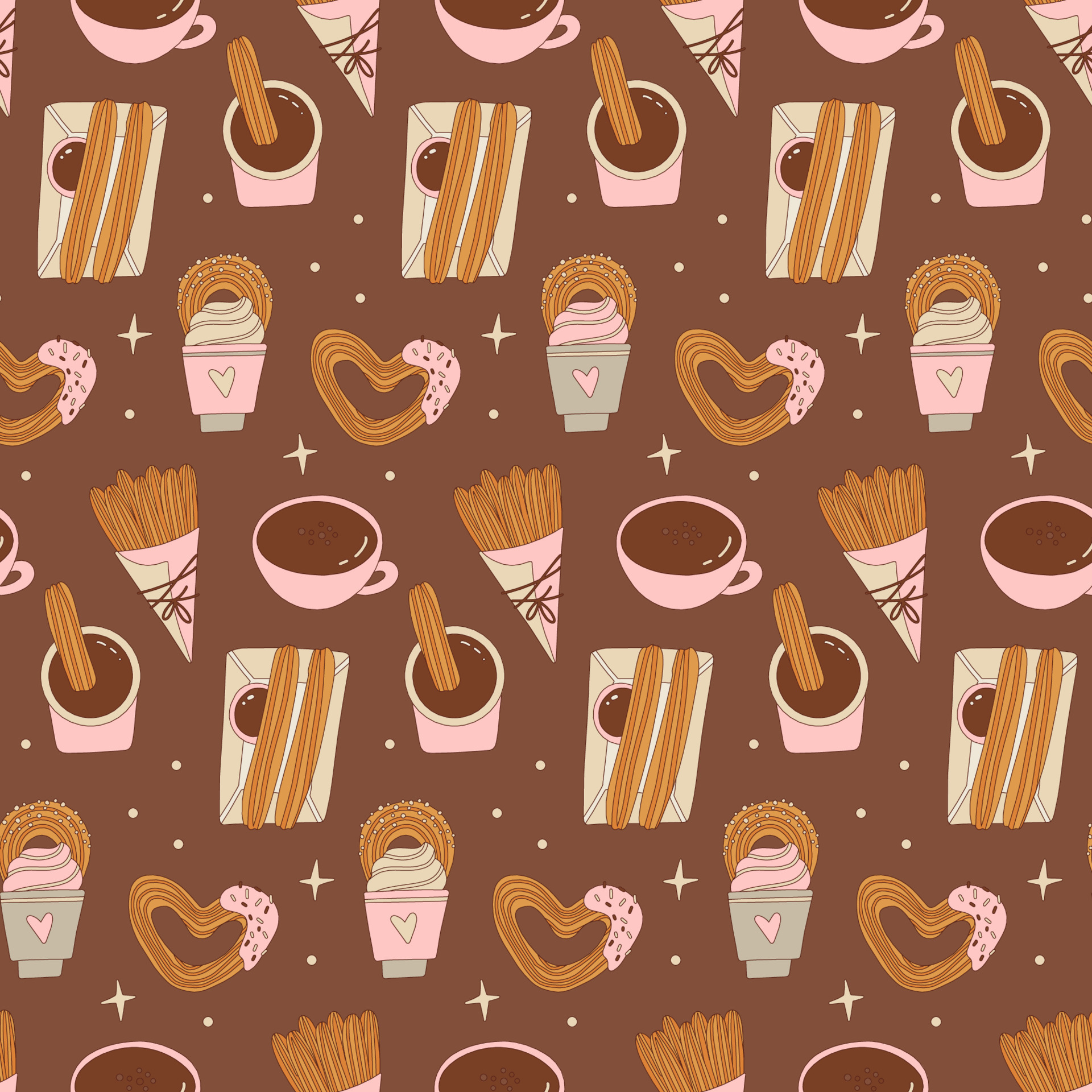 Seamless pattern with latin american churros. Mexican or Spanish  traditional dessert. Churros on chocolate background. Traditional Mexican  pastries. Endlessly repeating churros. Vector illustration. 15735106 Vector  Art at Vecteezy