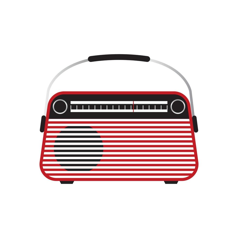 Red portable retro radio receiver in vintage style. Vector illustration isolated on white background