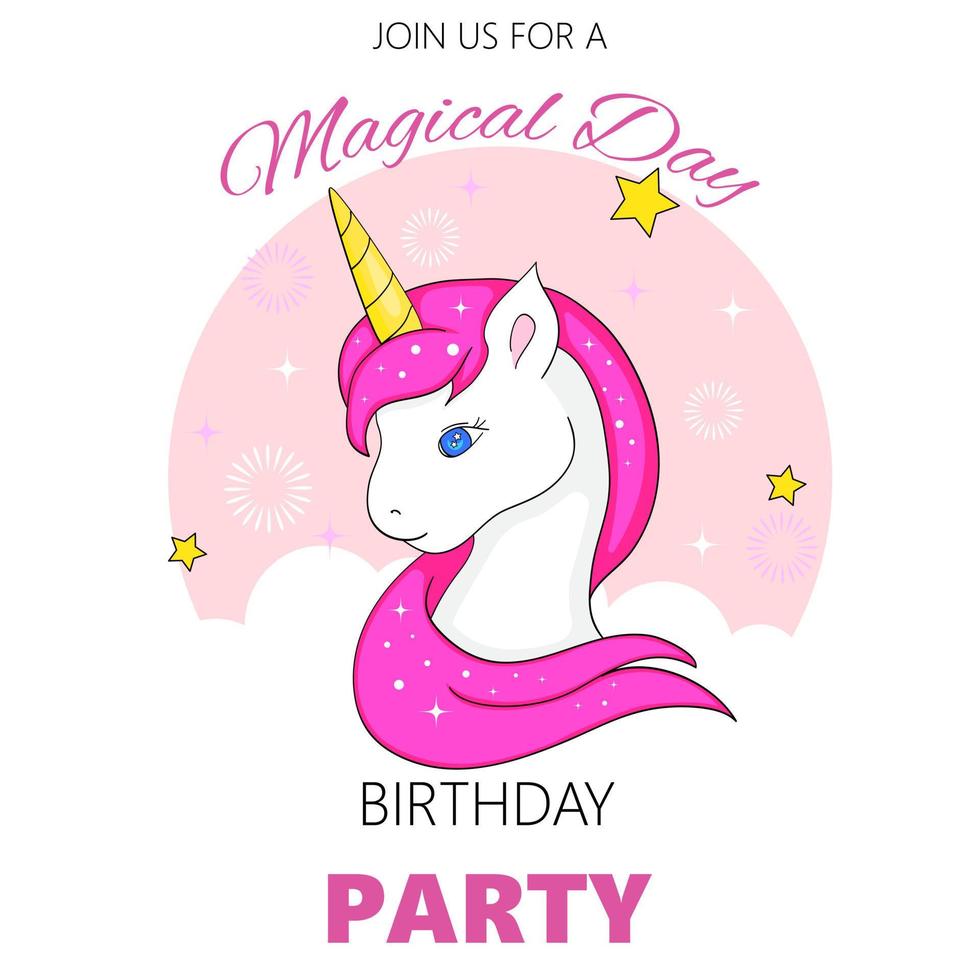 Birthday party invitation with a unicorn. Banner for a children's birthday party. Children's birthday invitation template. Cute magical unicorn. Vector illustration