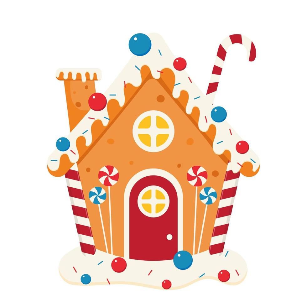 Bakery house. Christmas gingerbread. Cookies in the form of houses with candy decorations. Christmas sweets and gifts. Striped lollipops. Vector illustration