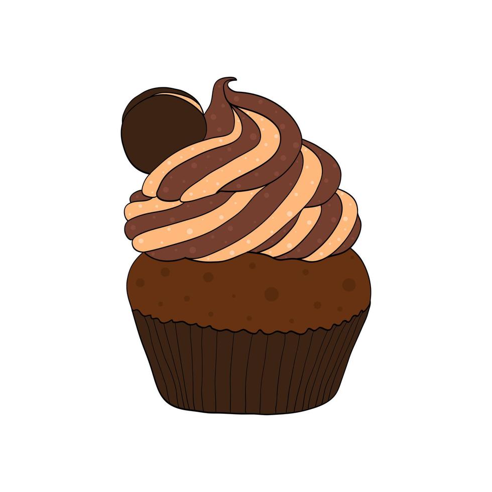 Delicious muffin, cupcake with chocolate chip biscuits in cream topping. Vector illustration isolated on white background