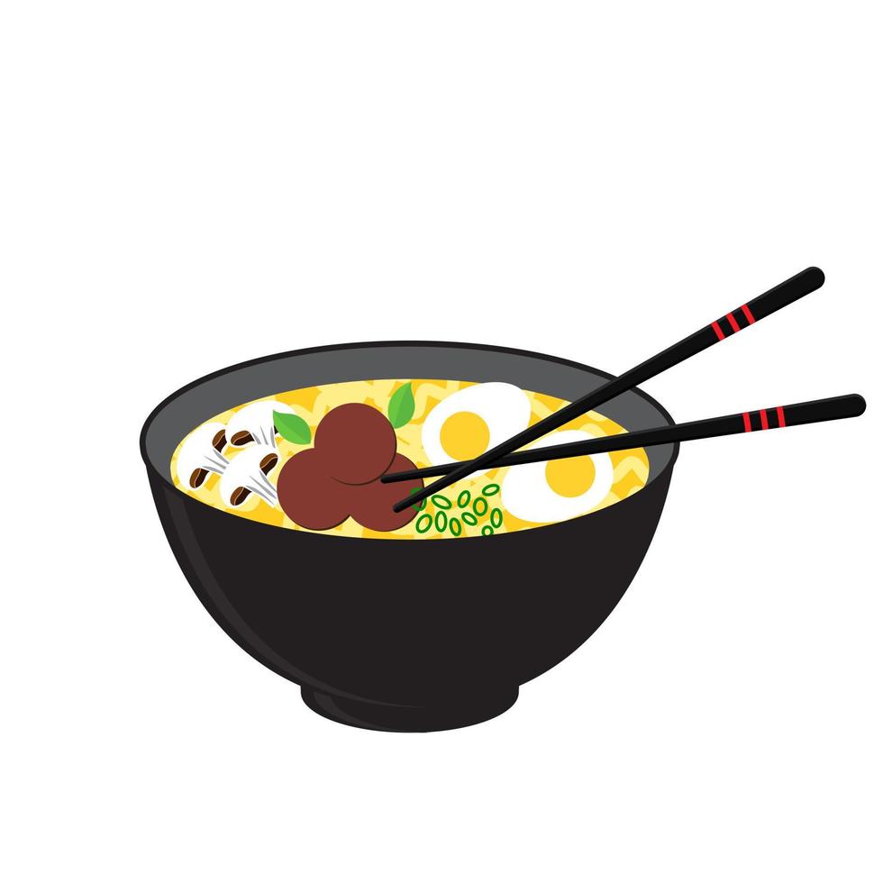 Ramen in a black bowl. Chinese noodles with meat, mushrooms, eggs and spices. Asian food. Design for menu, cafe, restaurant, app, banner. Vector illustration on white background
