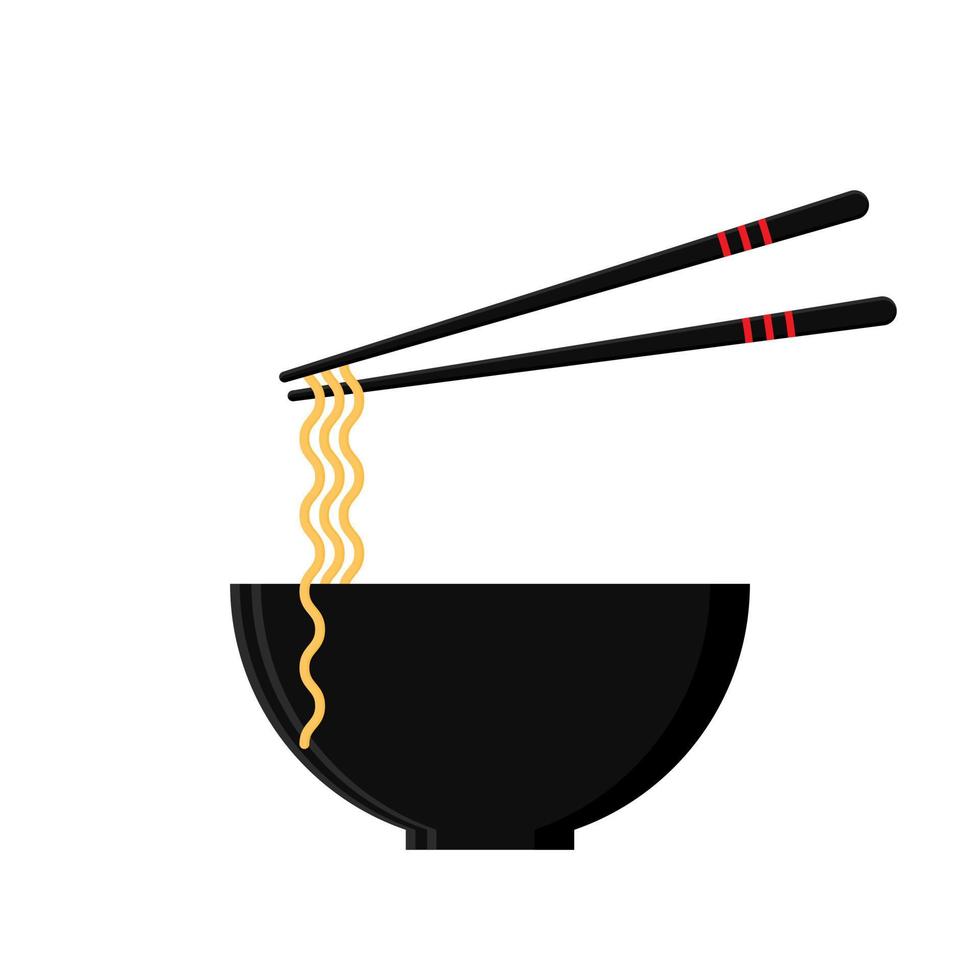 Bowl of Japanese noodles with chopsticks. Japanese noodle bowl in a flat style. Japanese cuisine. Design for logo, banner, menu, app. Vector illustration on white background