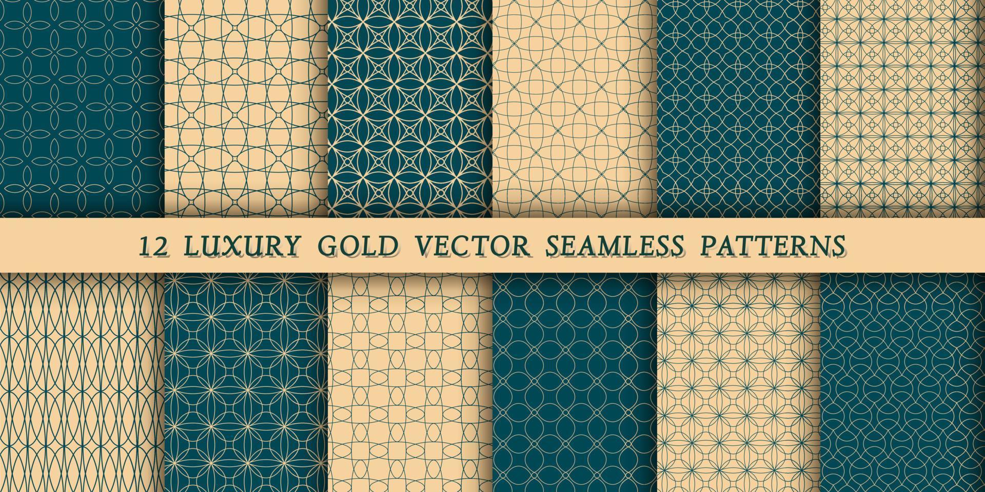 A set of 12 luxurious geometric gold patterns for printing and design, golden lines on a green, emerald background. Modern and stylish patterns vector