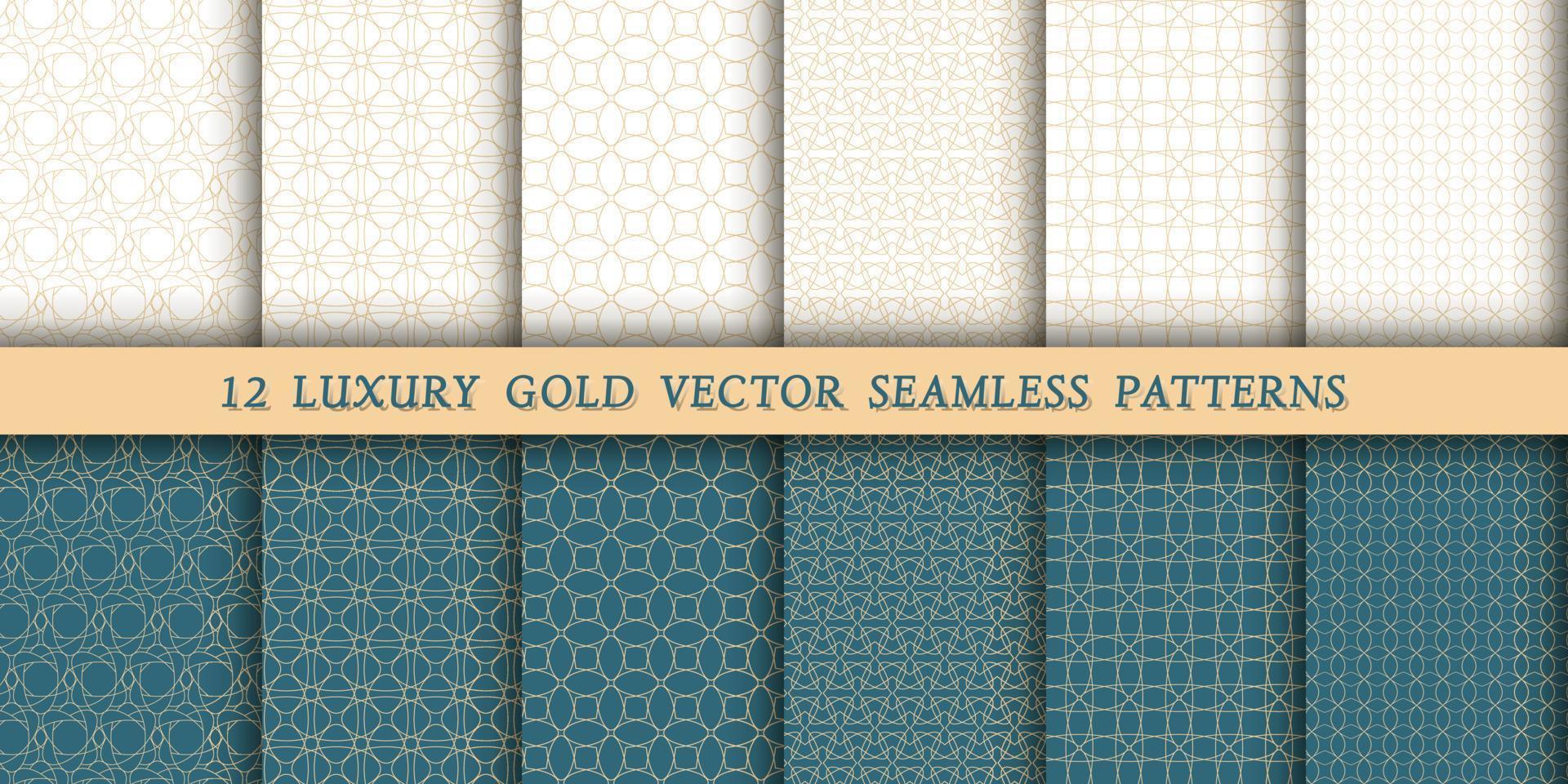 A set of 12 luxurious geometric gold patterns for printing and design, golden lines on a white and green, emerald background. Modern and stylish patterns vector