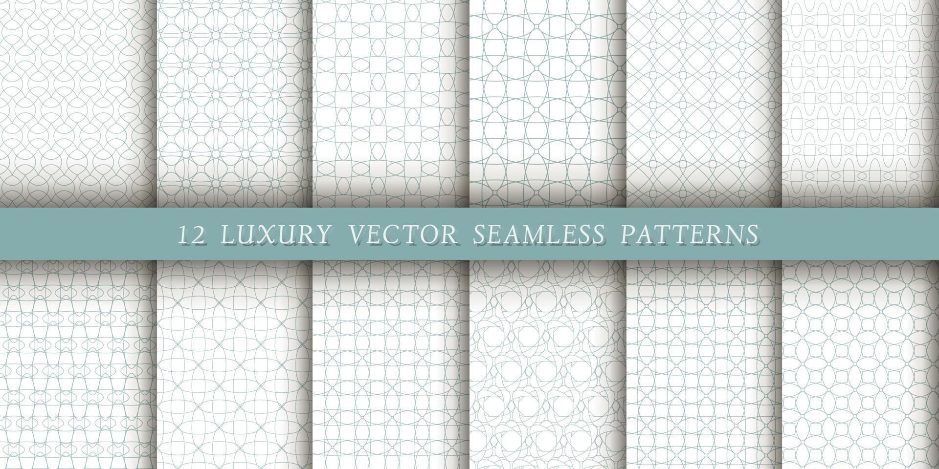 A set of 12 luxurious geometric patterns for printing and design, gray-blue lines on a white background. Modern and stylish patterns vector