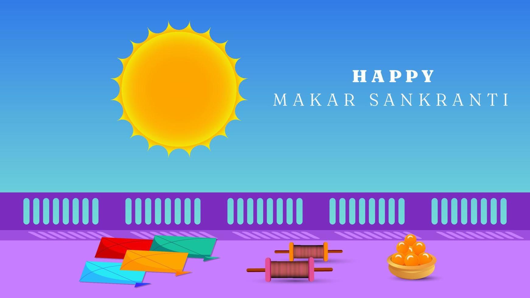 happy makar sankranti banner created with colorful kites charkhi sun and laddoo vector