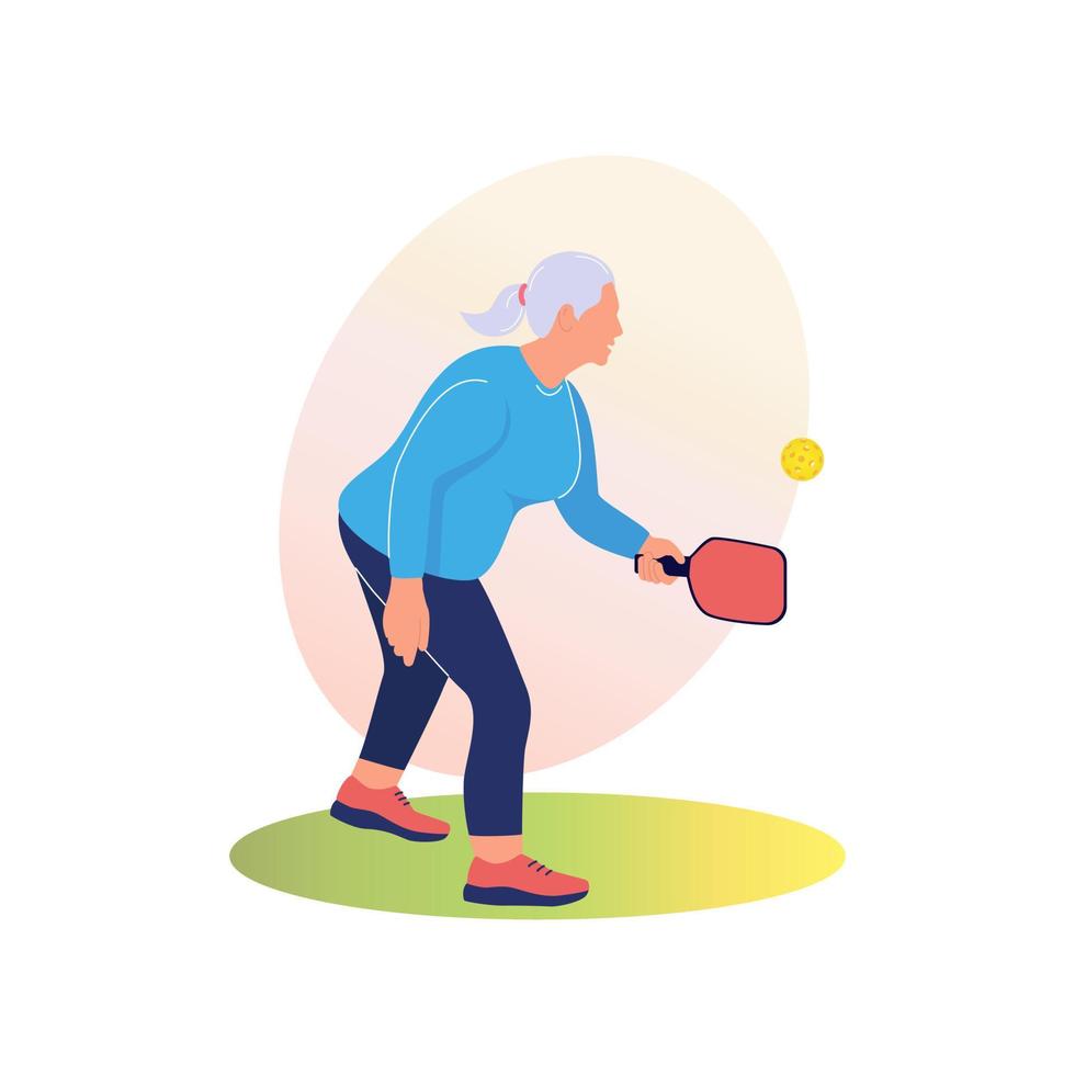 anciana jugando pickleball al aire libre. mujer mayor con raqueta y pelota en la cancha. deportes, ocio para personas mayores. vejez activa vector