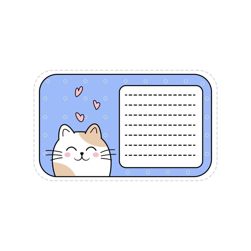 pegatina para notas con gato kawaii. linda tarjeta de felicitación para notas de amor, cartas, recordatorios. copie el espacio para el diseño de diarios, cuadernos, papeles de notas, escritorio. productos de imprenta ilustración vectorial vector