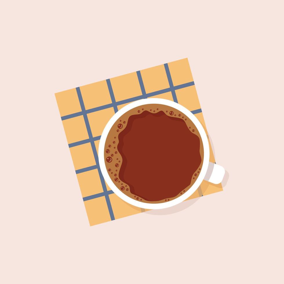 Cup of coffee on checkered napkin. Top view. Coffee foam. Tonic drink. Retro style. Vector illustration