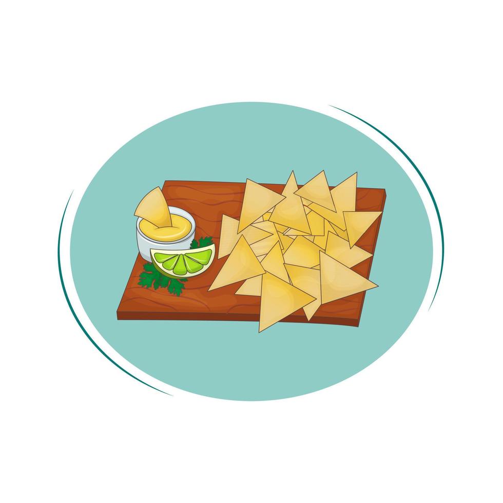 Crispy nachos with cheese sauce and lime. Traditional Mexican dish. Vegetarian Cuisine. Vector illustration. Cartoon.