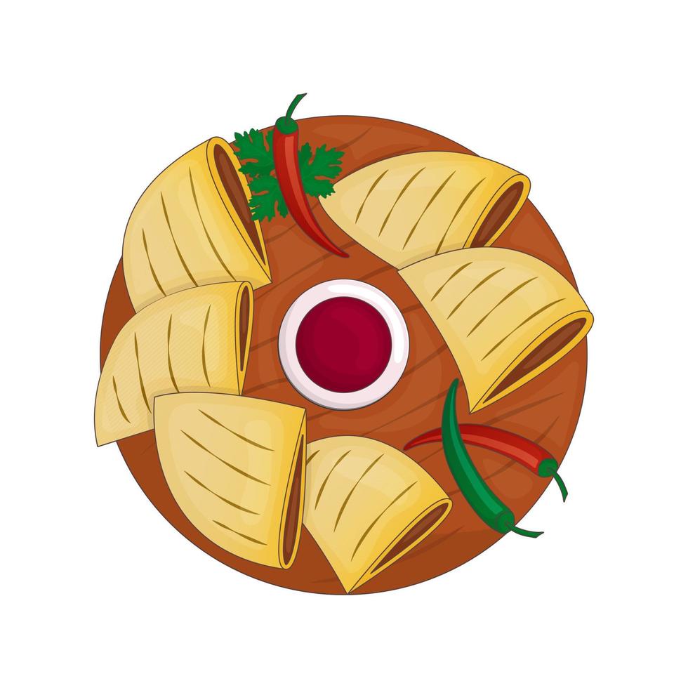 refrigerio mexicano rápido: quesadilla con abundante relleno y salsa. tortillas fritas. ilustración vectorial dibujos animados. vector