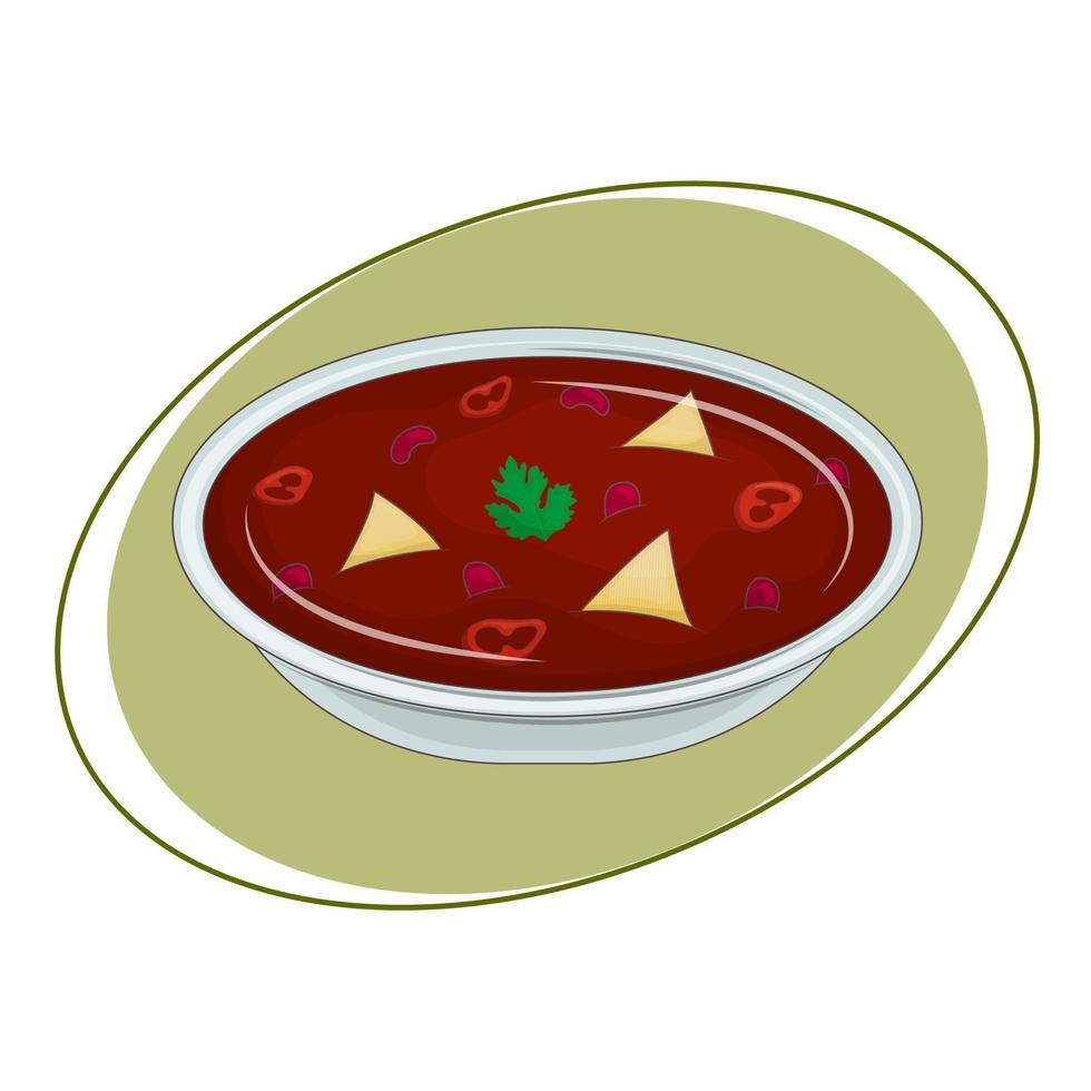 Mexican tomato soup with beans and hot peppers. Hot vegetarian vegetable soup in bowl. Latin American traditional cuisine. Vector illustration. Cartoon.