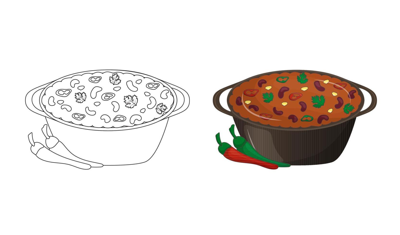 Mexican food is spicy dish with meat and beans chili con carne in cast iron pot. Kids coloring book for elementary school. Traditional Latin American cuisine. Vector illustration. Cartoon.