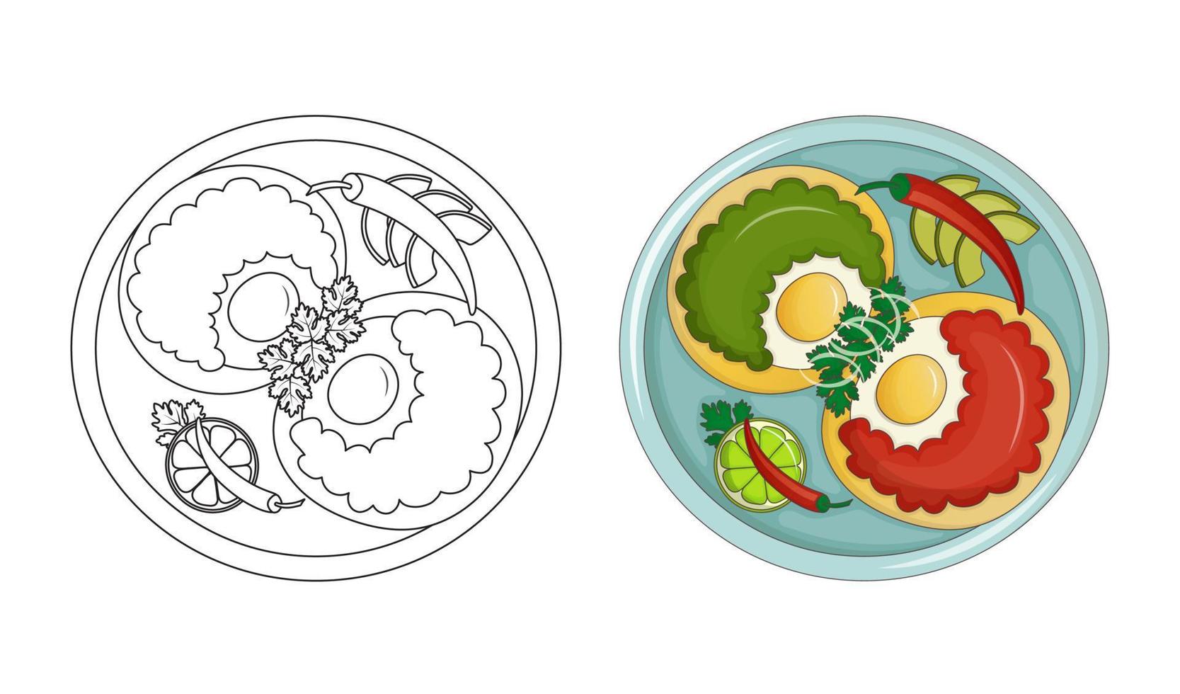 desayuno mexicano - huevos huevos divorciados en tortillas de maíz con dos salsas roja y verde y chiles. libro de colorear para niños para la escuela primaria. ilustración vectorial dibujos animados. vector