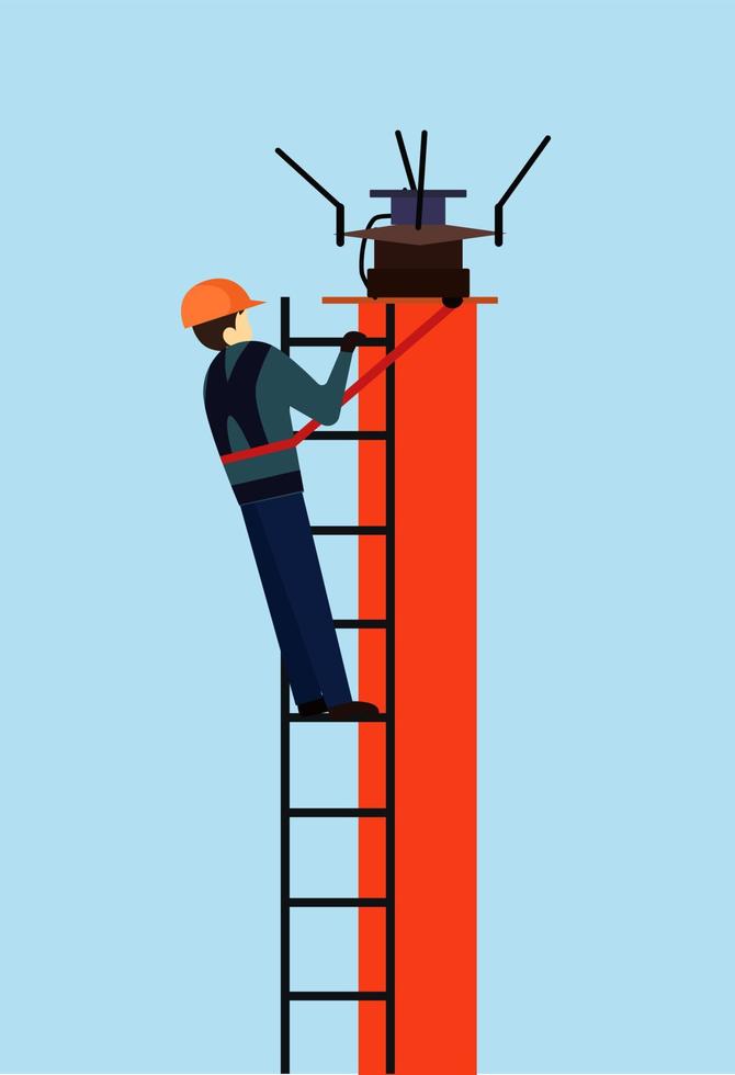 ilustración de vector de escalador de torre, técnico de escalador de telecomunicaciones de torre, trabajo en peligro y altura, industria de la comunicación