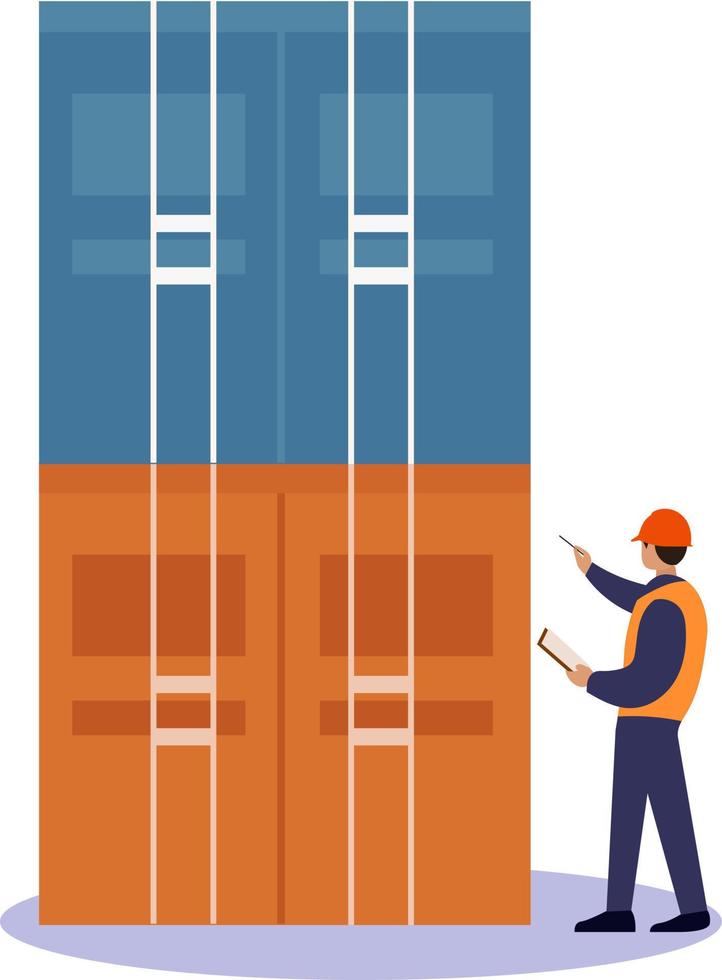 hombre revisando un contenedor de carga en una ilustración de vector de almacén, trabajador de almacén portuario, lista de verificación de inspección de contenedores