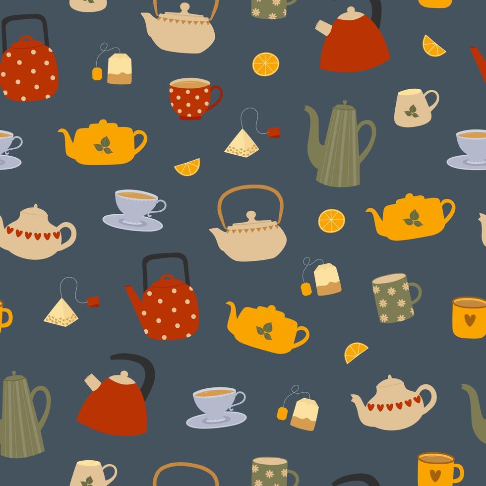 Seamless pattern of colorful teapots and cups on grey background. Kitchen utensil background. vector
