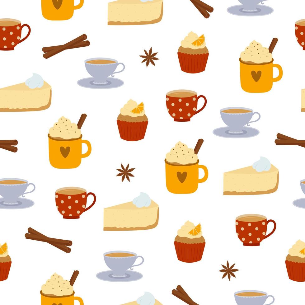 Seamless pattern of colorful cups and desserts on white background. Kitchen utensil background. vector