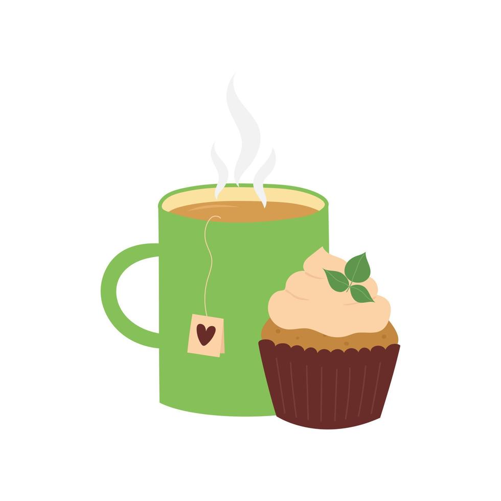 Green cup of tea and cupcake with whipped cream. Hand drawn flat style design. vector