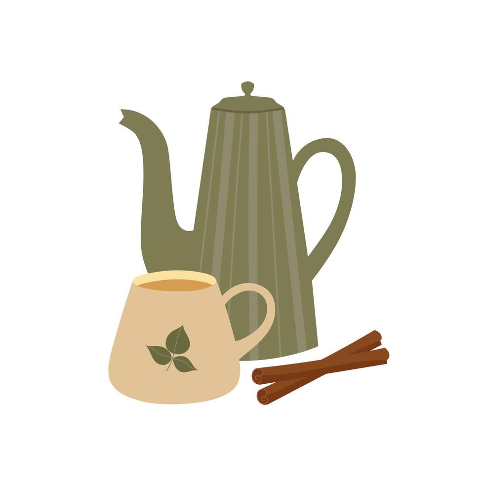 Green teapot, cup and cinnamon sticks. Kitchen utensil for tea or coffee. Hand drawn doodle style design. vector