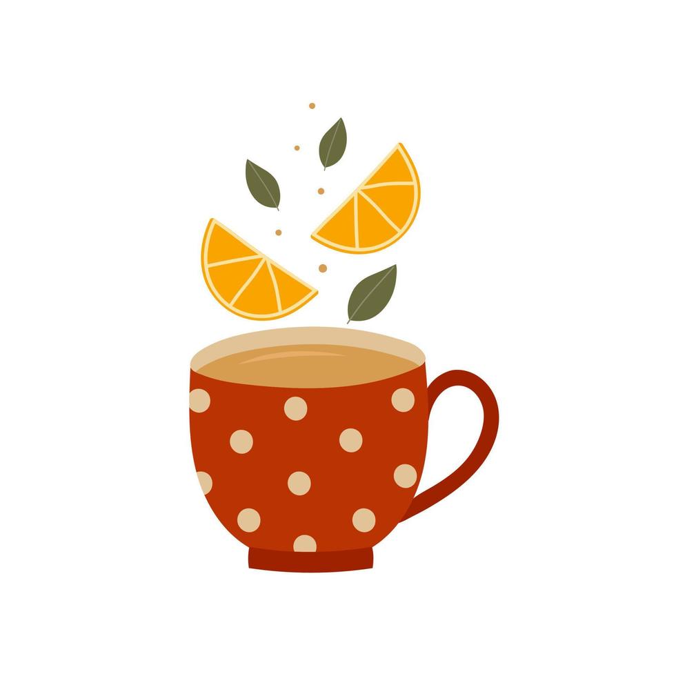 Red cup of tea with lemon slices and leaves. Hand drawn doodle style design. vector