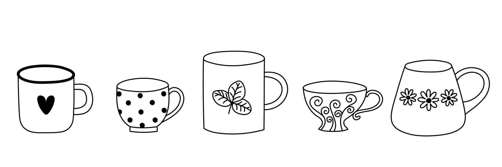 Set of line art cups for tea or coffee. Hand drawn doodle style design. Isolated vector illustration