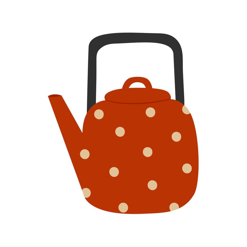 Metallic red kettle. Kitchen utensil. Doodle flat style. Isolated vector illustration
