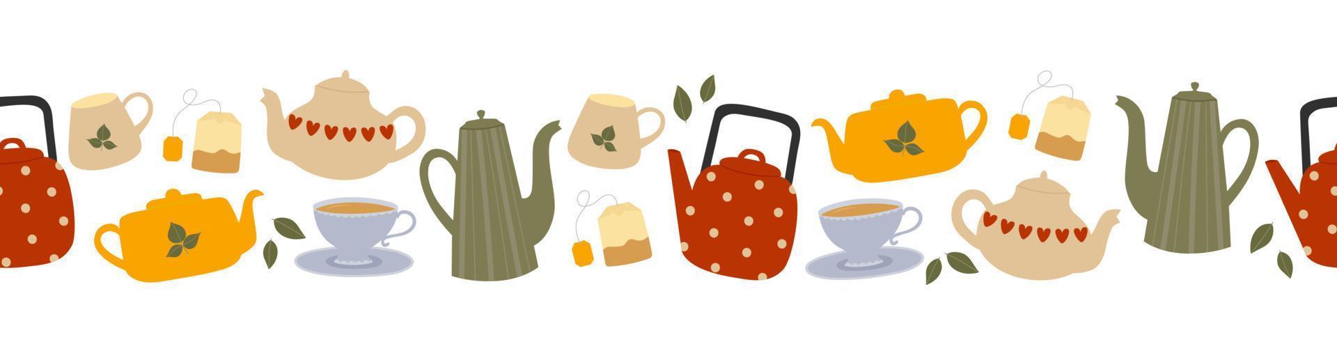 borde sin costuras de coloridas teteras, tazas y bolsitas de té. fondo de utensilios de cocina. vector