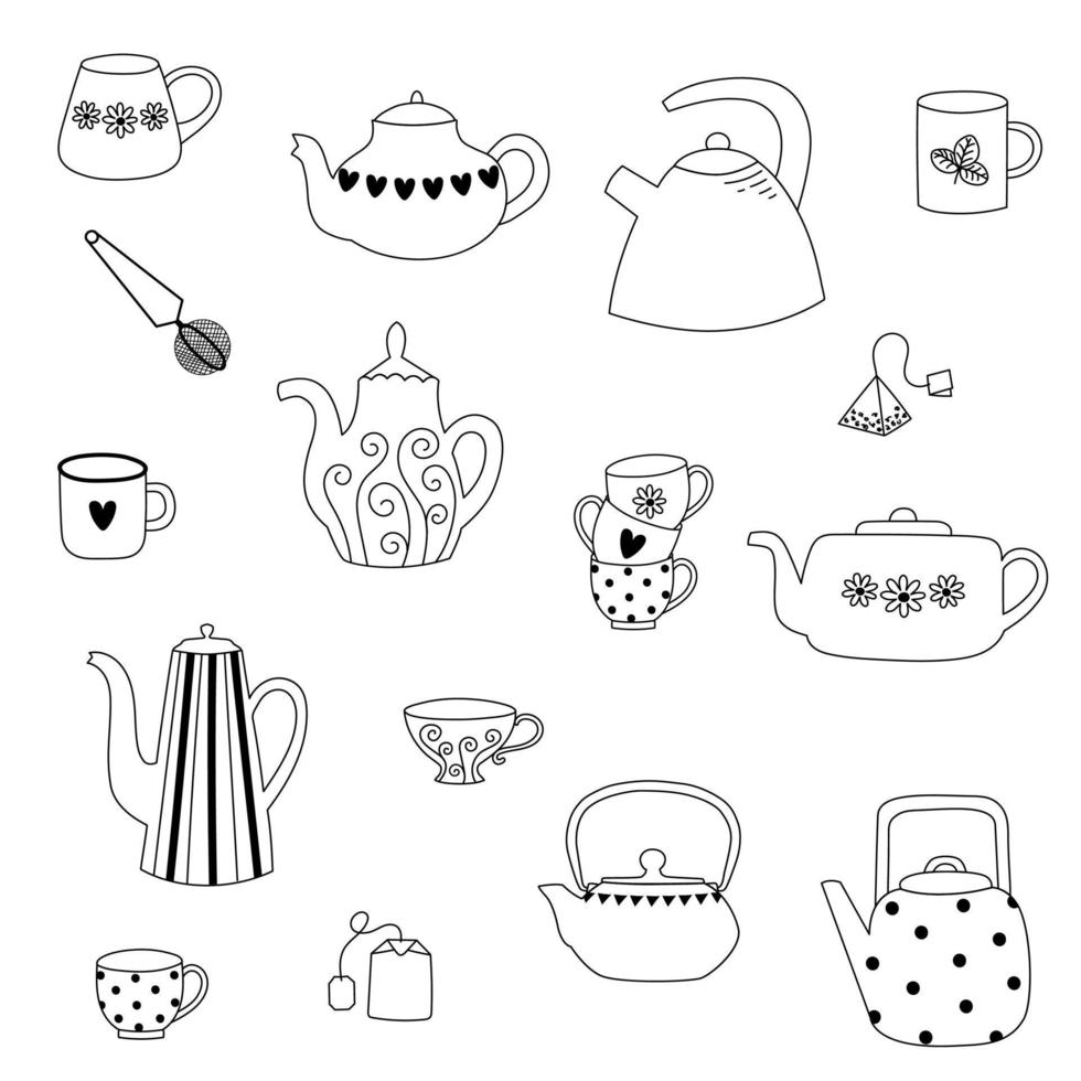 juego de teteras y tazas de arte lineal para té o café. diseño de estilo de garabato dibujado a mano. vector