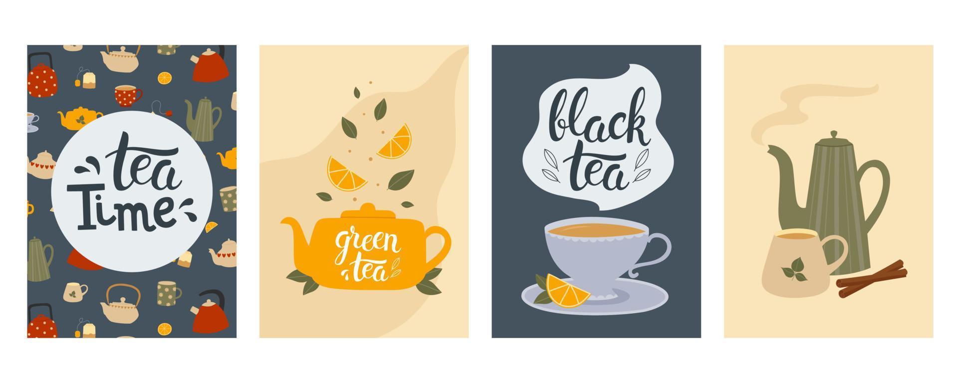 Set of posters with cups and teapots and hand drawn lettering texts. Template for poster, banner, card, flyer vector