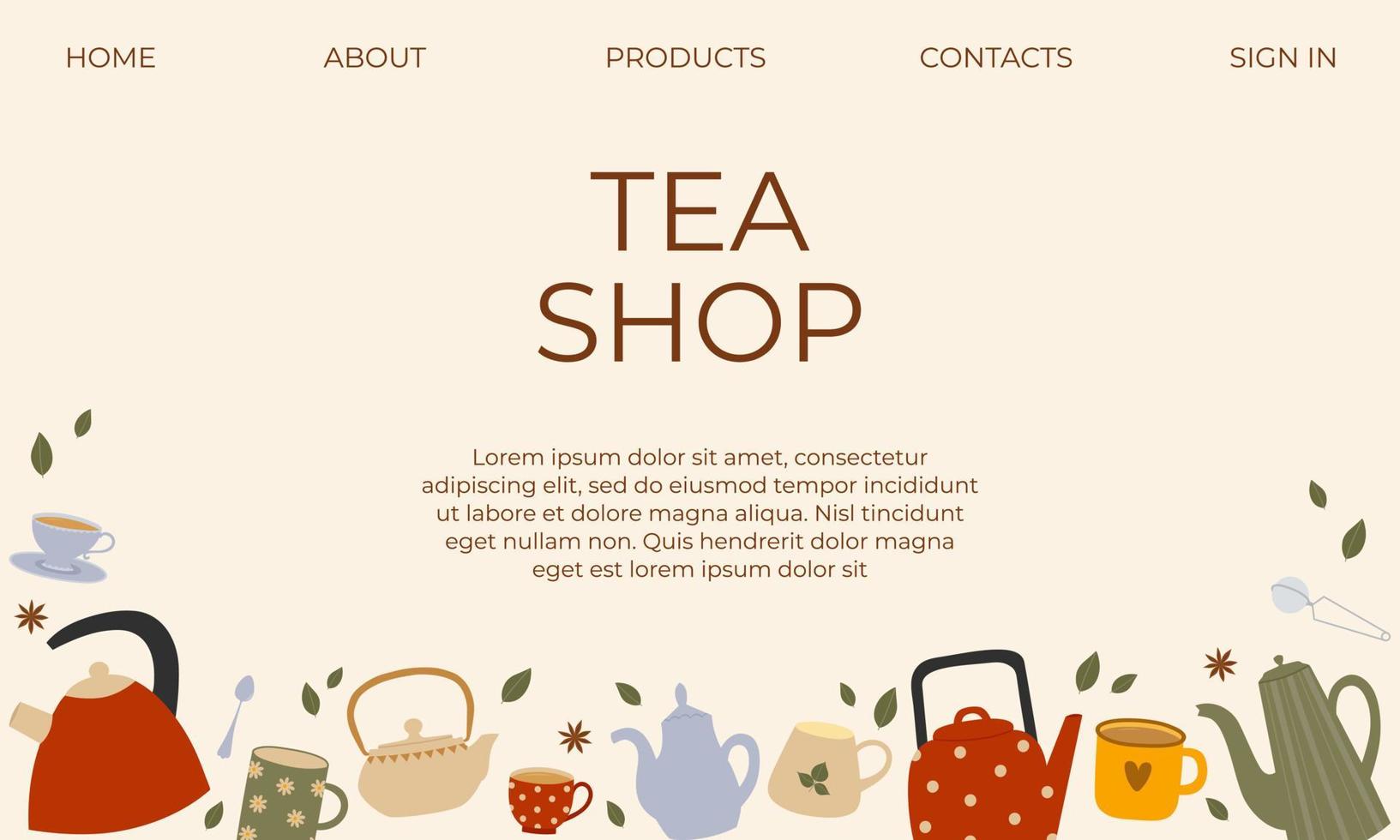 Tea shop landing page with colorful cups, teapots and leaves. Template for poster, banner, flyer, menu vector