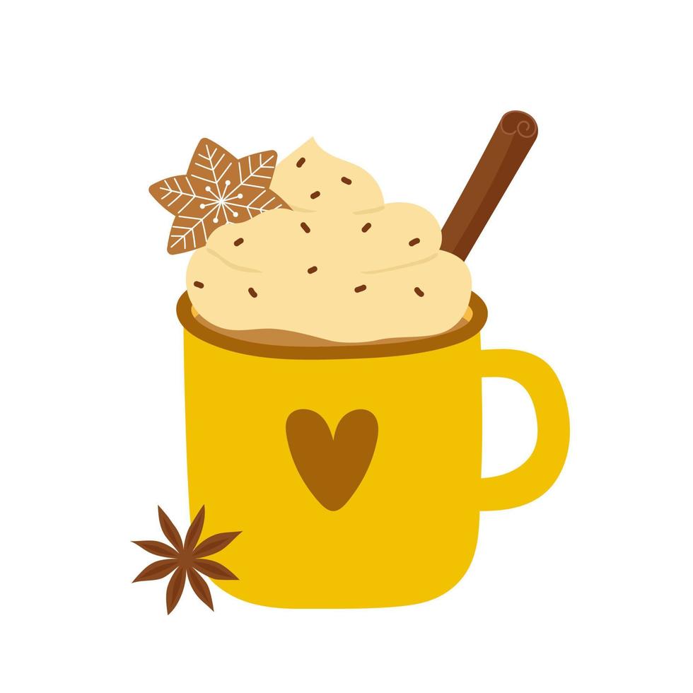 taza de chocolate caliente con crema batida, galleta de jengibre, canela y anís estrellado. plantilla para un acogedor diseño de otoño o invierno. vector