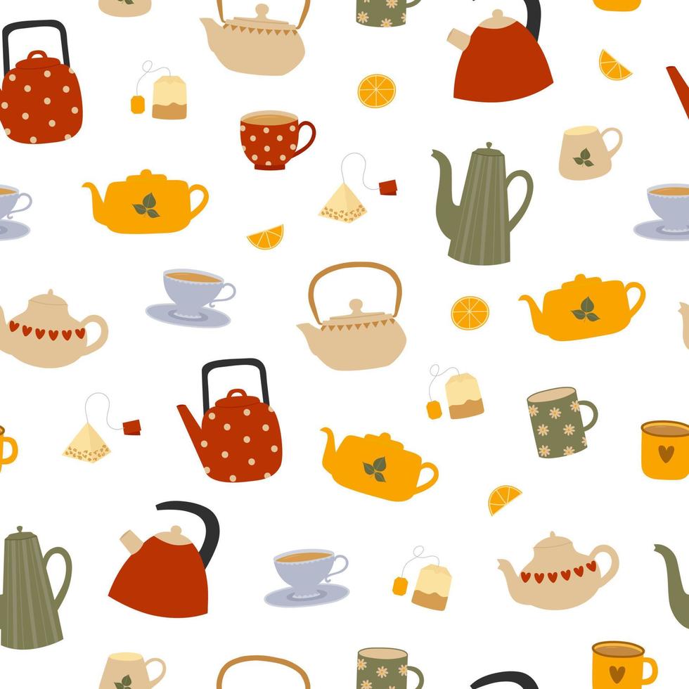 Seamless pattern of colorful teapots and cups on white background. Kitchen utensil background. vector